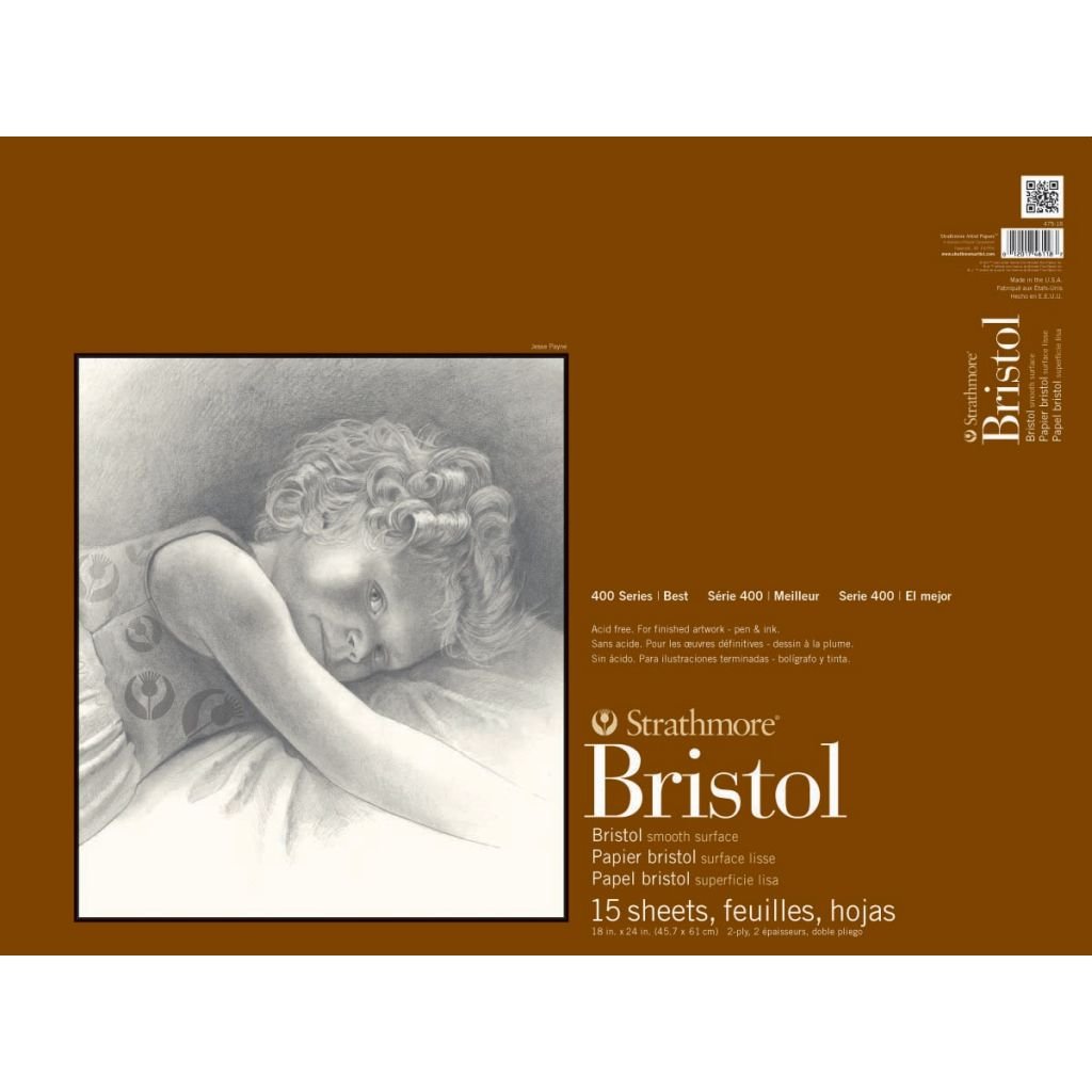 Strathmore 400 Series Bristol 18''x24'' Extra White Extra Smooth 270 GSM Paper, Tape Bound Pad of 15 Sheets