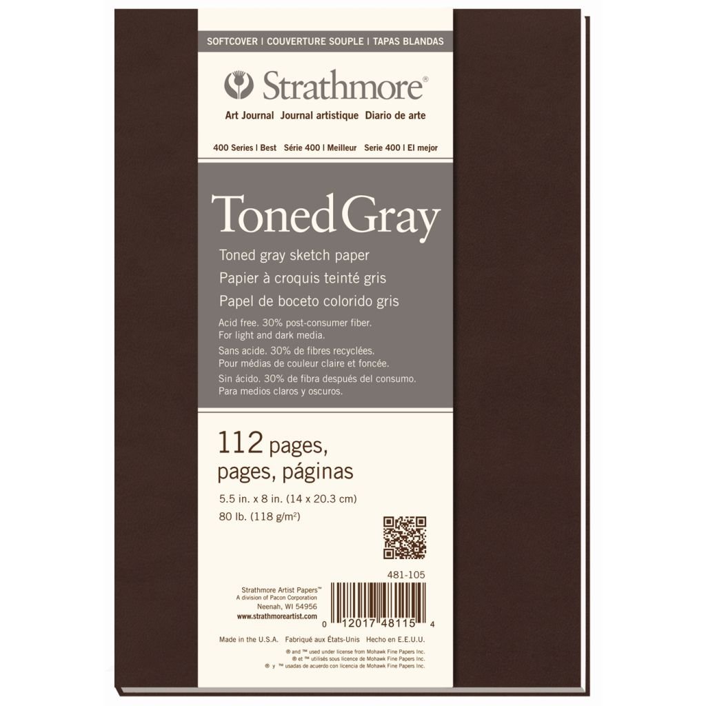 Strathmore 400 Series Tonned Gray Sketch Paper 5.5'' x 8'' Cool Gray Medium Grain 118 GSM Long Side Softcover Art Book of 56 Sheets