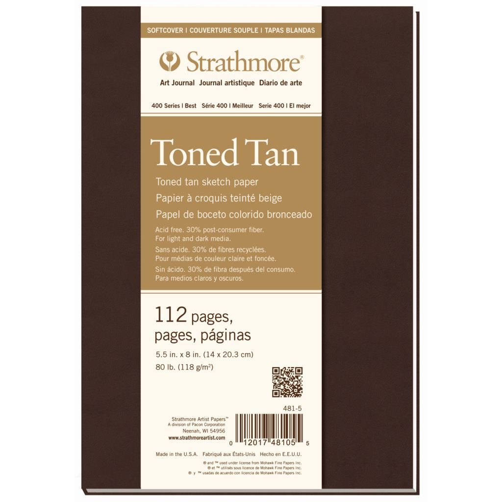 Strathmore 400 Series Tonned Tan Sketch Paper 5.5'' x 8'' Warm Tan Medium Grain 118 GSM Long Side Softcover Art Book of 56 Sheets