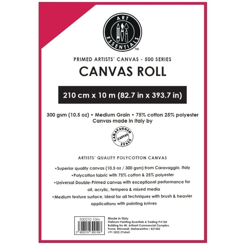 Art Essentials Primed Artists' Polycotton Canvas Roll - 500 Series - Medium Grain - 300 GSM / 10.5 Oz - 210 cm by 10 Metres OR 82.68'' by 32.8 Feet