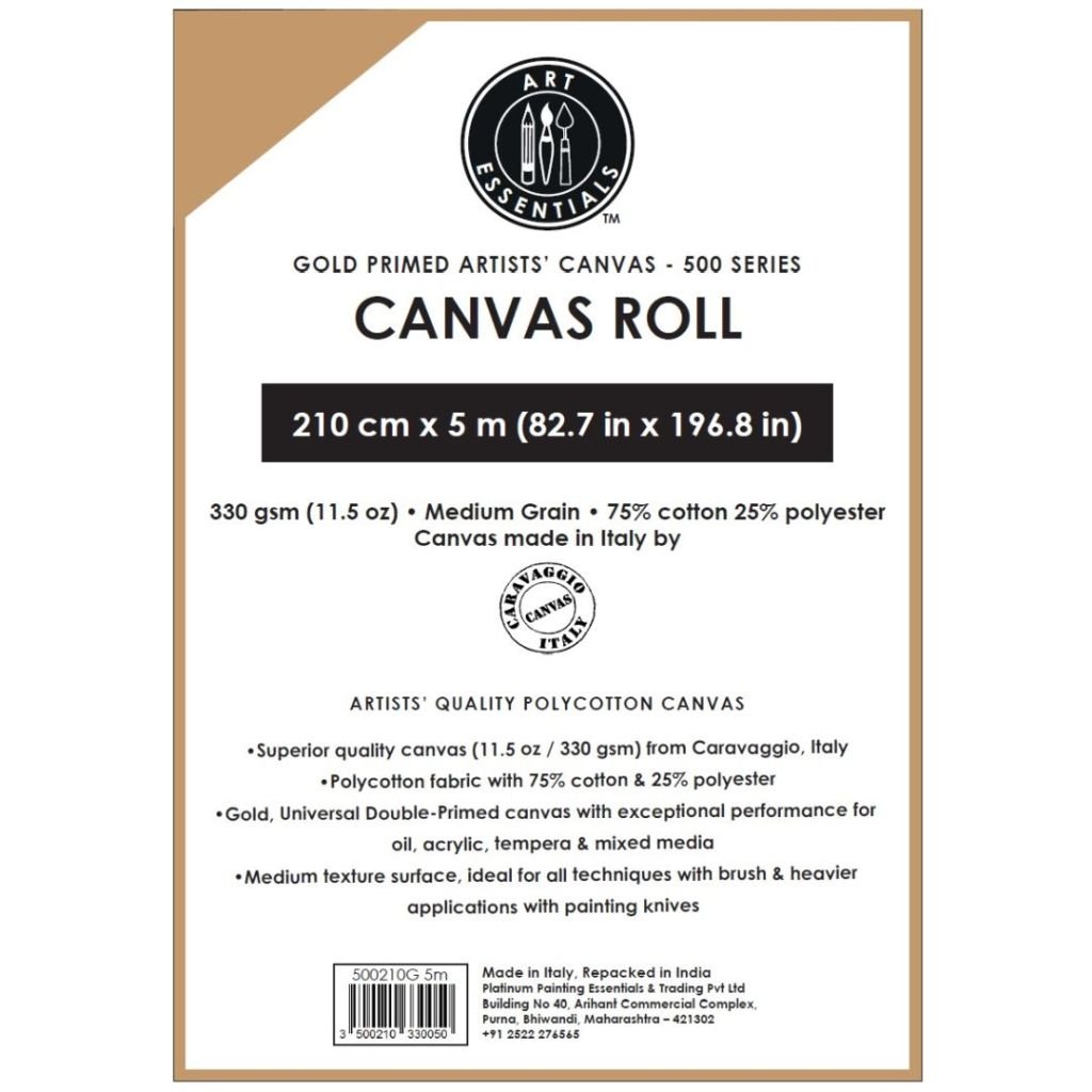 Art Essentials Gold Primed Artists' Polycotton Canvas Roll - 500 Series - Medium Grain - 330 GSM / 11.5 Oz - 210 cm by 5 Metres OR 82.68'' by 16.4 Feet