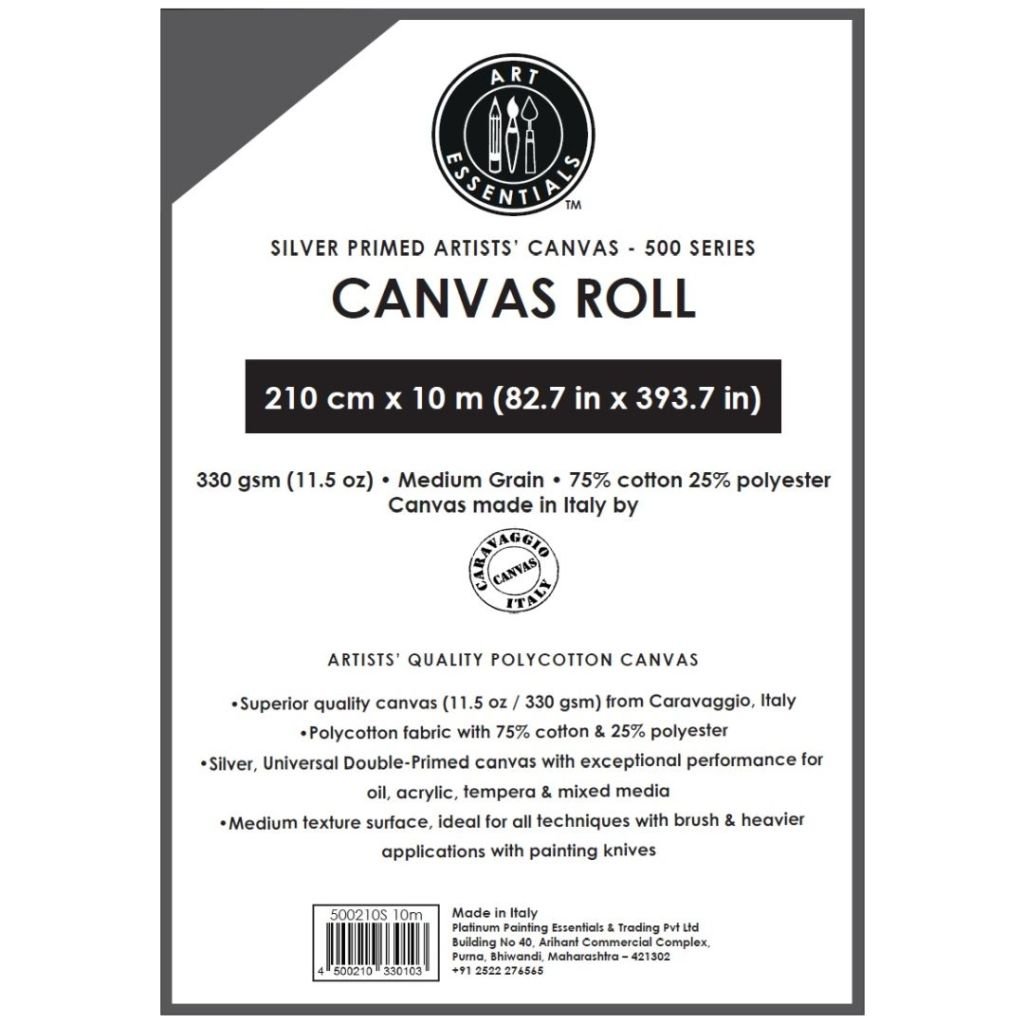 Art Essentials Silver Primed Artists' Polycotton Canvas Roll - 500 Series - Medium Grain - 330 GSM / 11.5 Oz - 210 cm by 10 Metres OR 82.68'' by 32.8 Feet