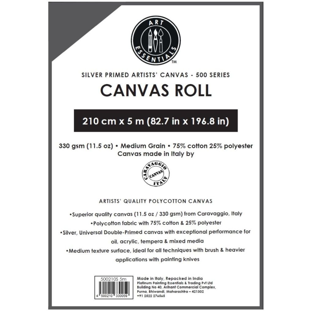 Art Essentials Silver Primed Artists' Polycotton Canvas Roll - 500 Series - Medium Grain - 330 GSM / 11.5 Oz - 210 cm by 5 Metres OR 82.68'' by 16.4 Feet