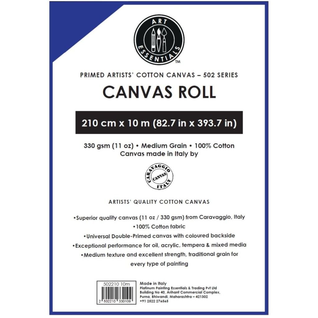 Art Essentials Primed Artists' Cotton Canvas Roll - 502 Series - Medium Grain - 330 GSM / 11 Oz - 210 cm by 10 Metres OR 82.68'' by 32.8 Feet