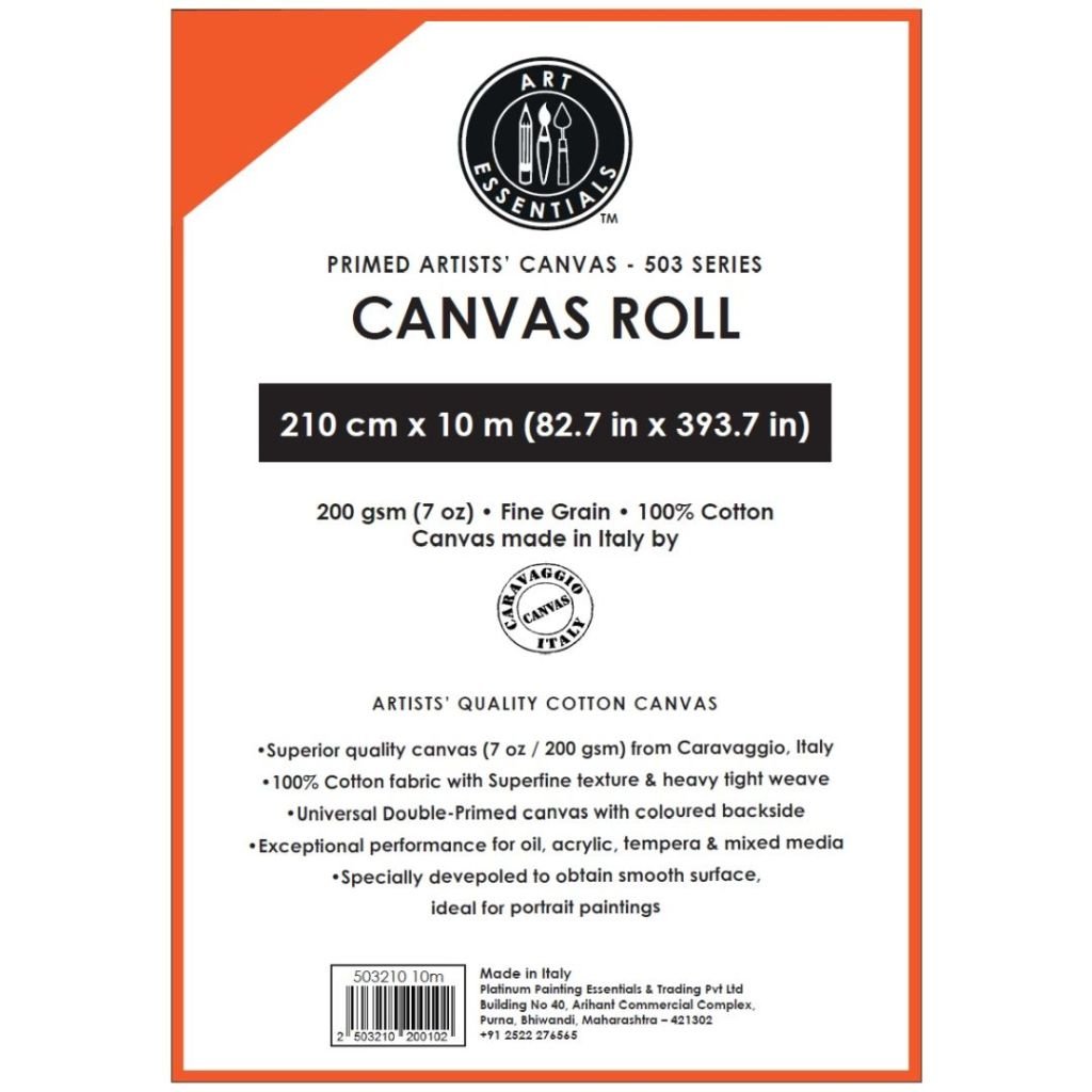 Art Essentials Primed Artists' Cotton Canvas Roll - 503 Series - Superfine Grain - 200 GSM / 7 Oz - 210 cm by 10 Metres OR 82.68'' by 32.8 Feet