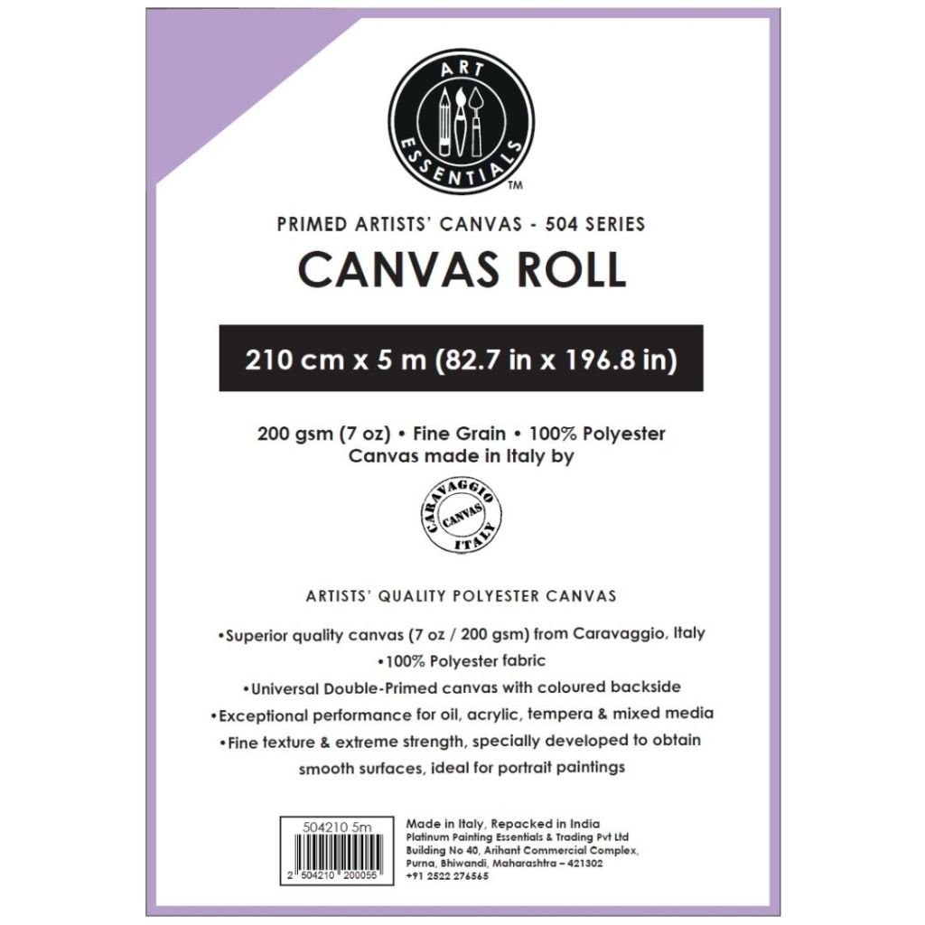 Art Essentials Primed Artists' Polyetser Canvas Roll - 504 Series - Fine Grain - 200 GSM / 7 Oz - 210 cm by 5 Metres OR 82.68'' by 16.4 Feet