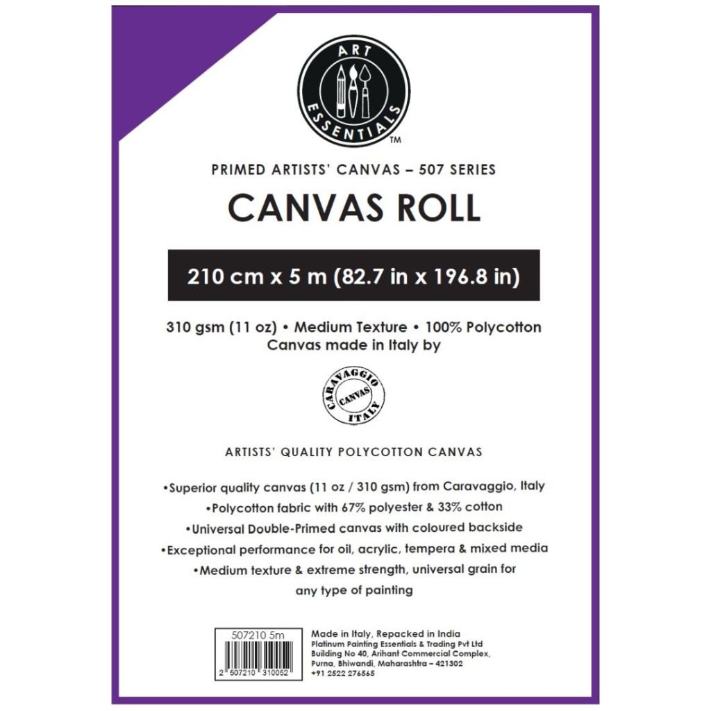 Art Essentials Primed Artists' Polycotton Canvas Roll - 507 Series - Medium Grain - 310 GSM / 11 Oz - 210 cm by 5 Metres OR 82.68'' by 16.4 Feet