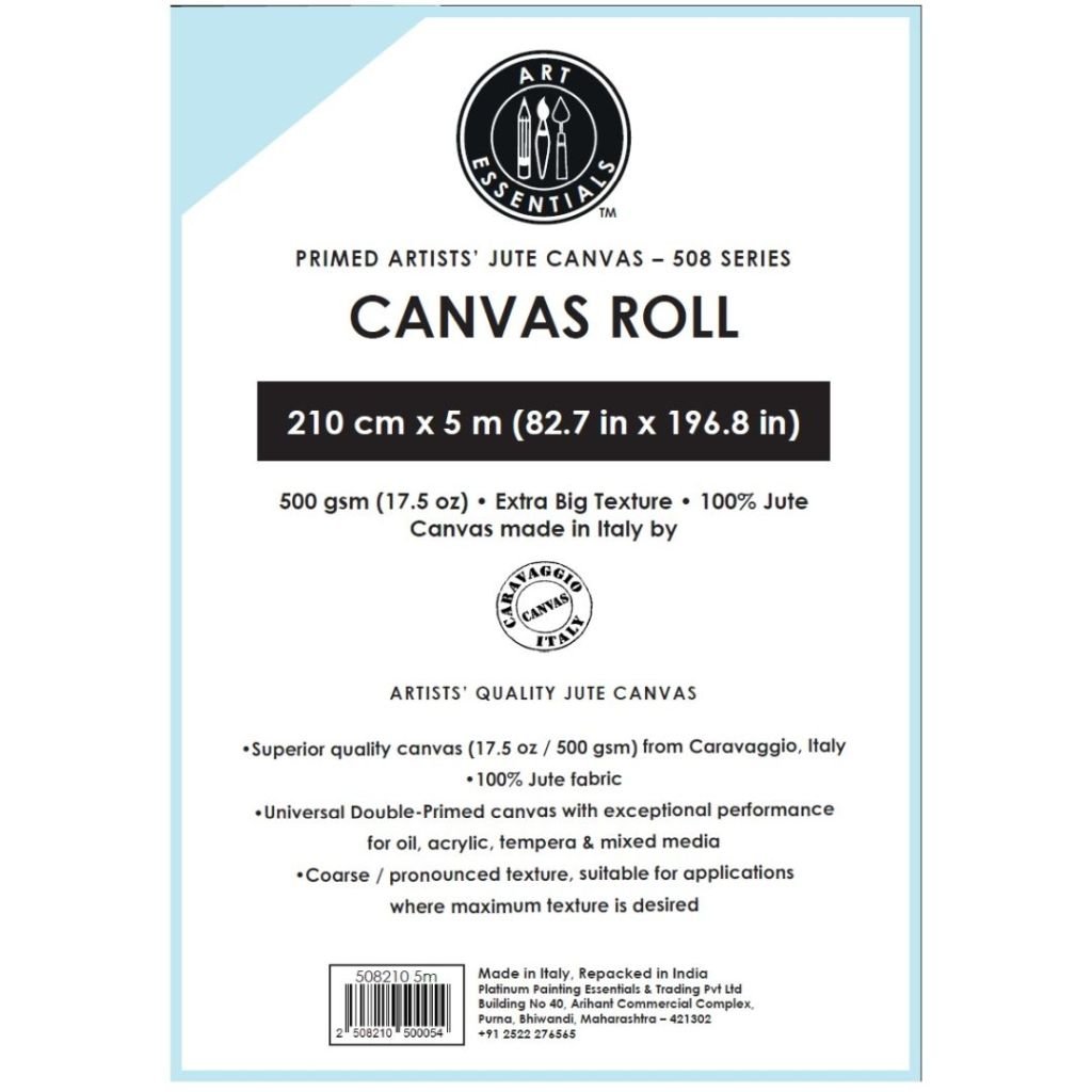 Art Essentials Primed Artists' Jute Canvas Roll - 508 Series - Extra Big Grain - 500 GSM / 17.5 Oz - 210 cm by 5 Metres OR 82.68'' by 16.4 Feet
