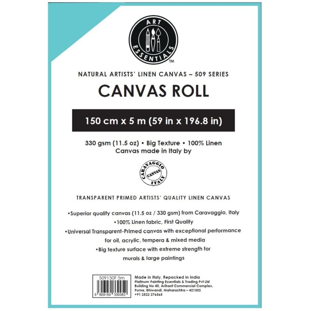 Art Essentials Natural Artists' Linen Canvas Roll - 509 Series - Medium Grain - 330 GSM / 11.5 Oz - 150 cm by 5 Metres OR 59.06'' by 16.4 Feet