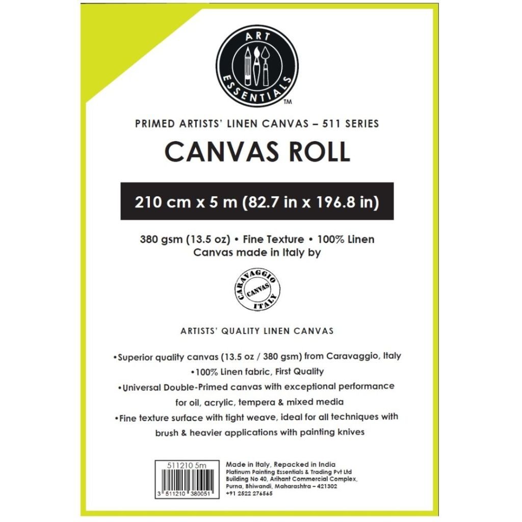 Art Essentials Primed Artists' Linen Canvas Roll - 511 Series - Fine Grain - 380 GSM / 13.5 Oz - 210 cm by 5 Metres OR 82.68'' by 16.4 Feet