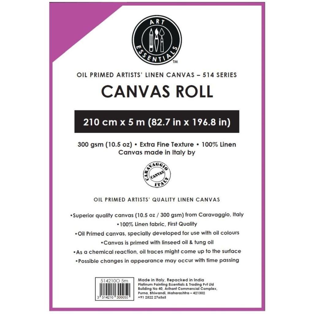 Art Essentials Oil Primed Artists' Linen Canvas Roll - 514 Series - Extrafine Grain - 300 GSM / 10.5 Oz - 210 cm by 5 Metres OR 82.68'' by 16.4 Feet
