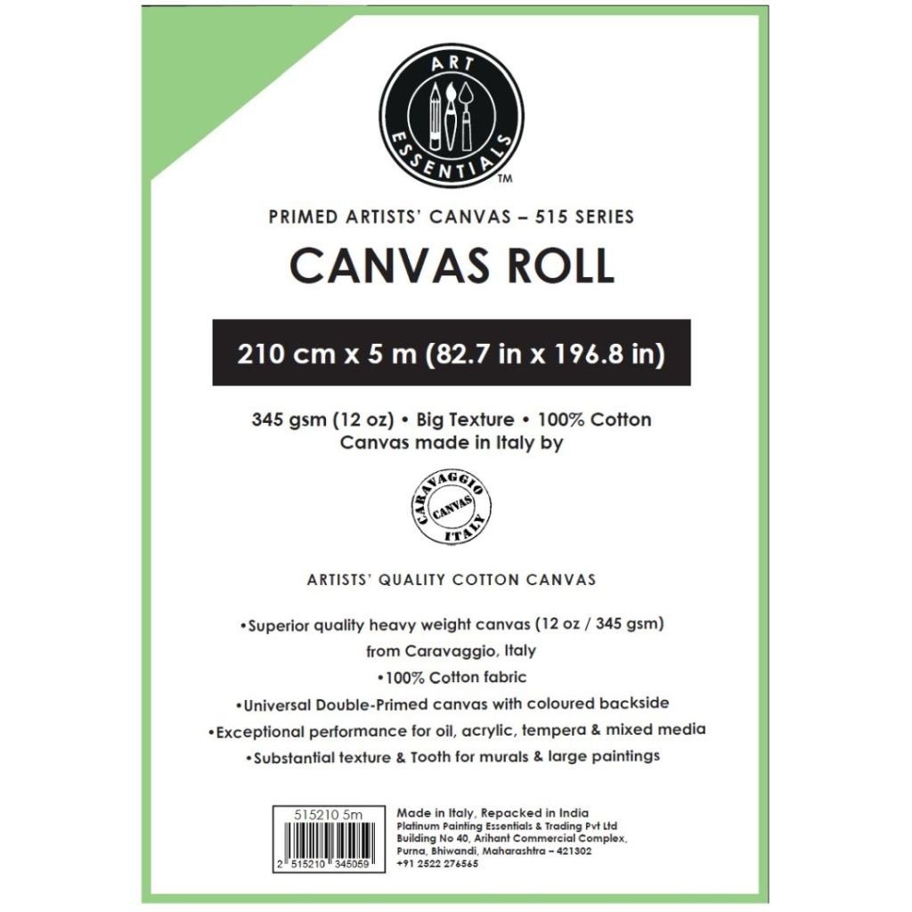 Art Essentials Primed Artists' Cotton Canvas Roll - 515 Series - Big Grain - 345 GSM / 12 Oz - 210 cm by 5 Metres OR 82.68'' by 16.4 Feet