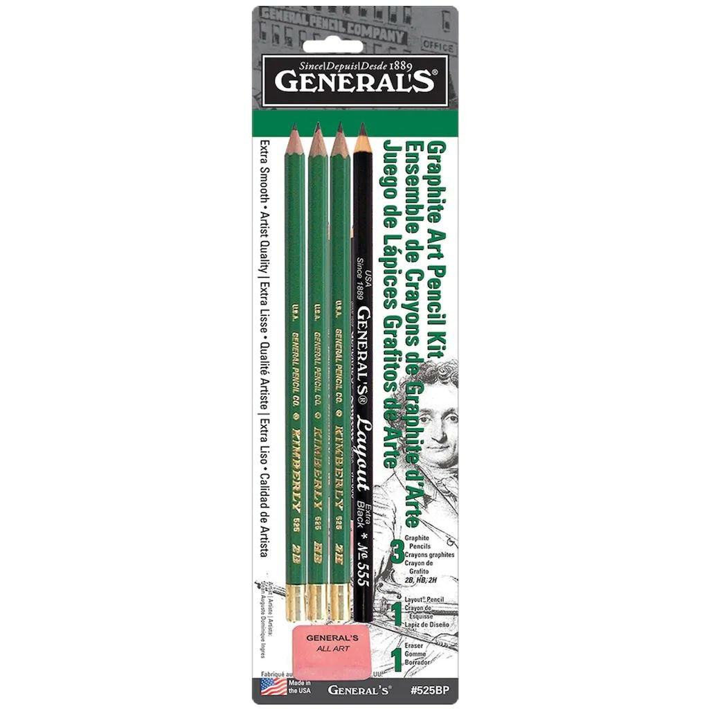 General's Kimberly Premium Graphite Drawing Pencils - Set of 3 + Layout Pencil + Eraser
