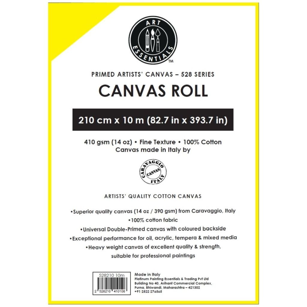 Art Essentials Primed Artists' Cotton Canvas Roll - 528 Series - Fine Grain - 410 GSM / 14 Oz - 210 cm by 10 Metres OR 82.68'' by 32.8 Feet