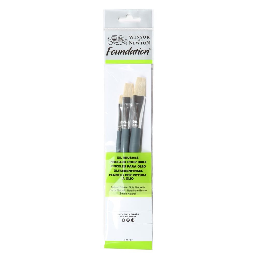 Winsor & Newton Foundation Brush Set - Natural Bristle Flat 4, 10, 14 - Short Handle - Pack of 3