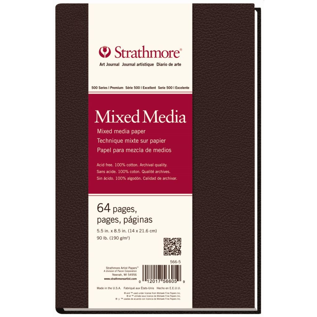 Strathmore 500 Series Mixed Media 5.5'' x 8.5'' Natural White Vellum 190 GSM 100% Cotton Paper, Long Side HardBound Art Book of 32 Sheets
