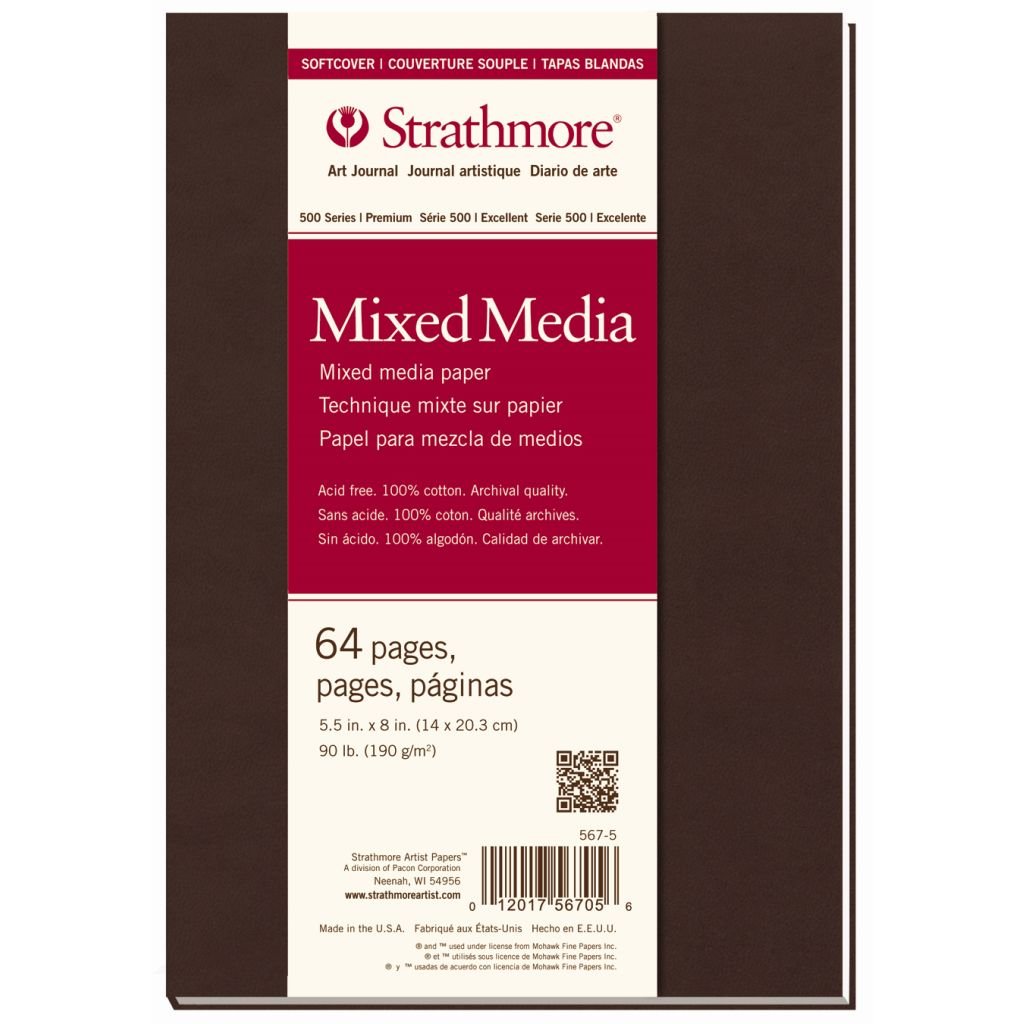 Strathmore 500 Series Mixed Media 5.5'' x 8'' Natural White Vellum 190 GSM 100% Cotton Paper, Long Side Softcover Art Book of 32 Sheets