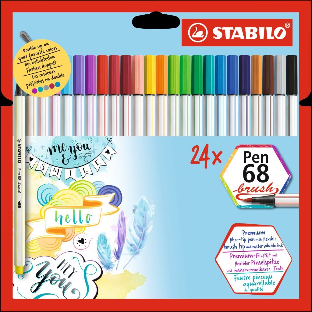 STABILO Pen 68 - Premium Felt-Tip Brush Pen - Cardboard Wallet of 24 Assorted Colours
