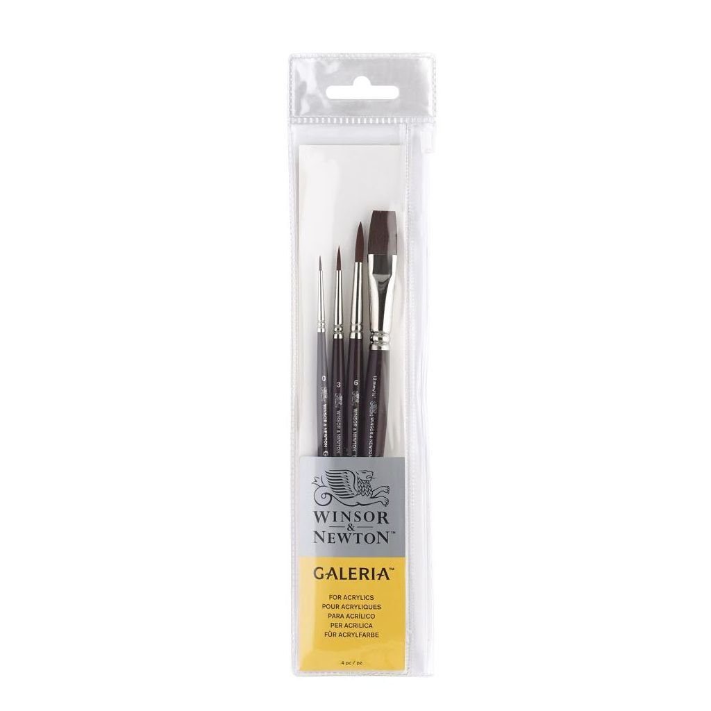 Winsor & Newton Galeria Synthetic Hair Brush - Assorted Set- Long Handle - Pack of 4