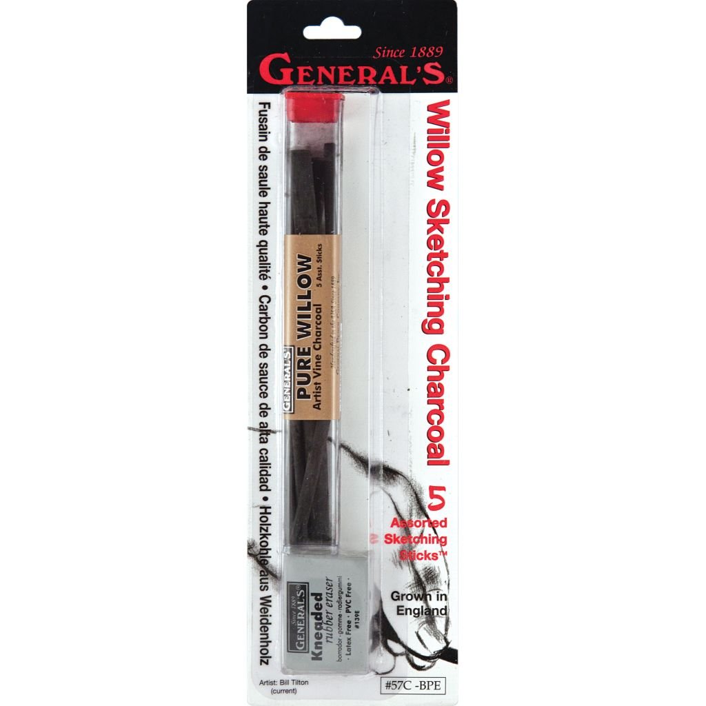 General's Pure Willow Sketching Charcoal - 5 Assorted Sticks and Kneaded Eraser (139E)