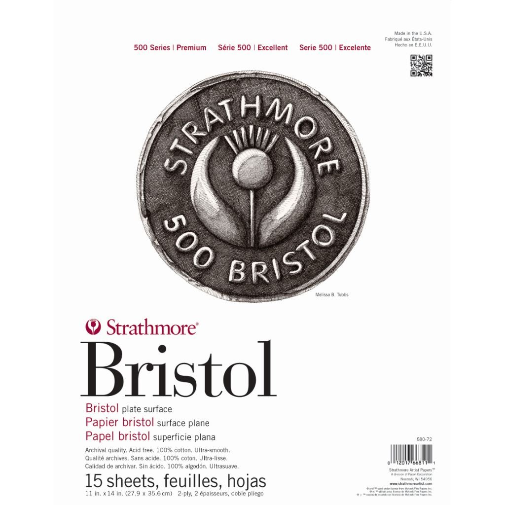 Strathmore 500 Series Bristol 11'' x 14'' Extra White Ultra- Smooth 2-Ply 100% Cotton Paper, Short Side Tape Bound Pad of 15 Sheets