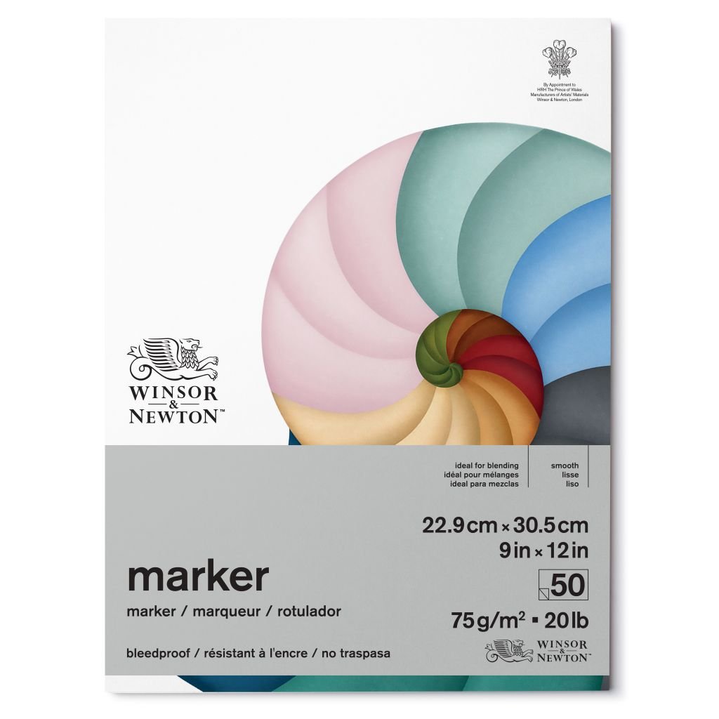 Winsor & Newton Bleedproof Marker Paper - Smooth 75 GSM - 23 cm x 31 cm or 9'' x 12'' Natural White Short Side Glued Pad of 50 Sheets