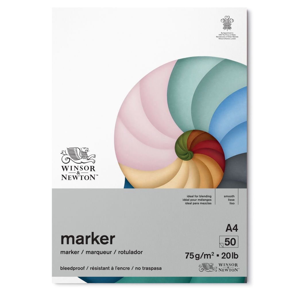 Winsor & Newton Bleedproof Marker Paper - Smooth 75 GSM - A4 (21 cm x 29.7 cm or 8'' x 12'') Natural White Short Side Glued Pad of 50 Sheets