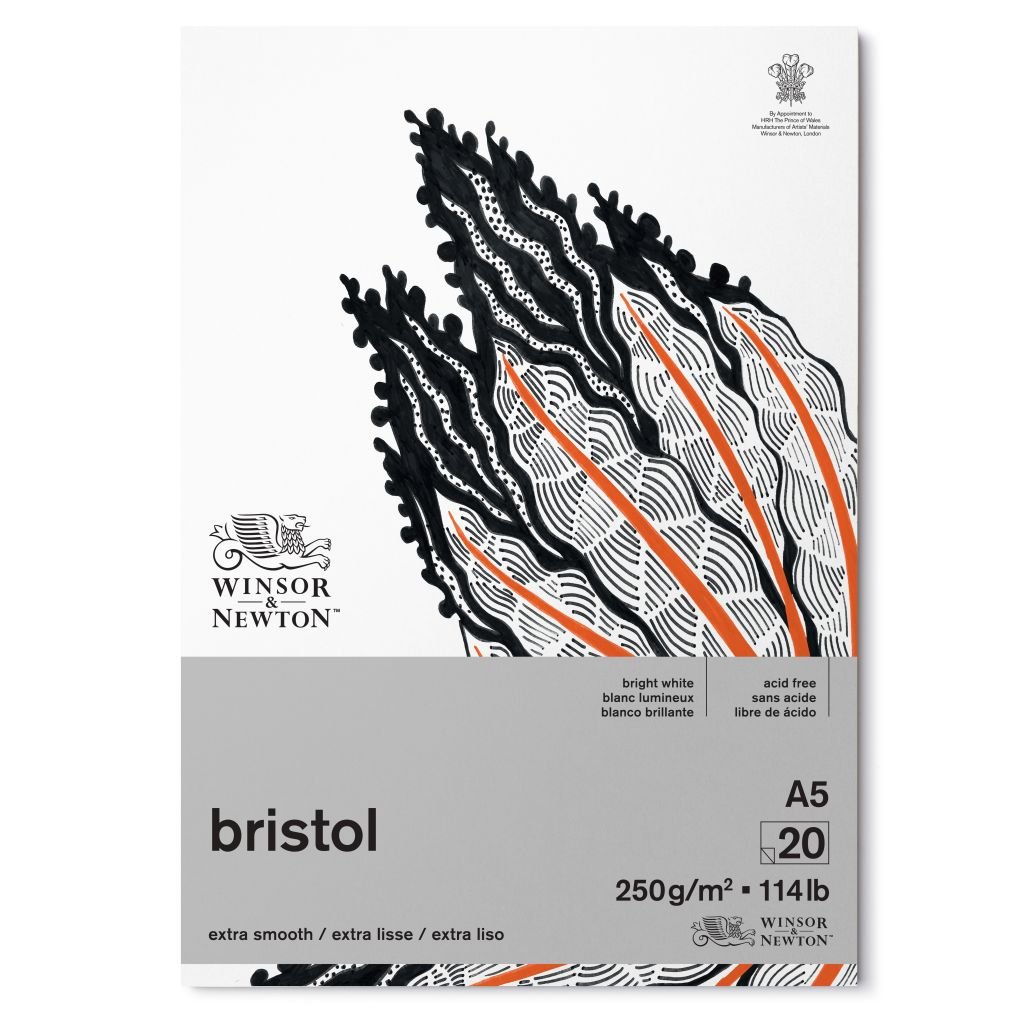 Winsor & Newton Bristol Board - Extra Smooth 250 GSM - A5 (14.8 cm x 21 cm or 5.8'' x 8.3'') Bright White Short Side Glued Pad of 20 Sheets