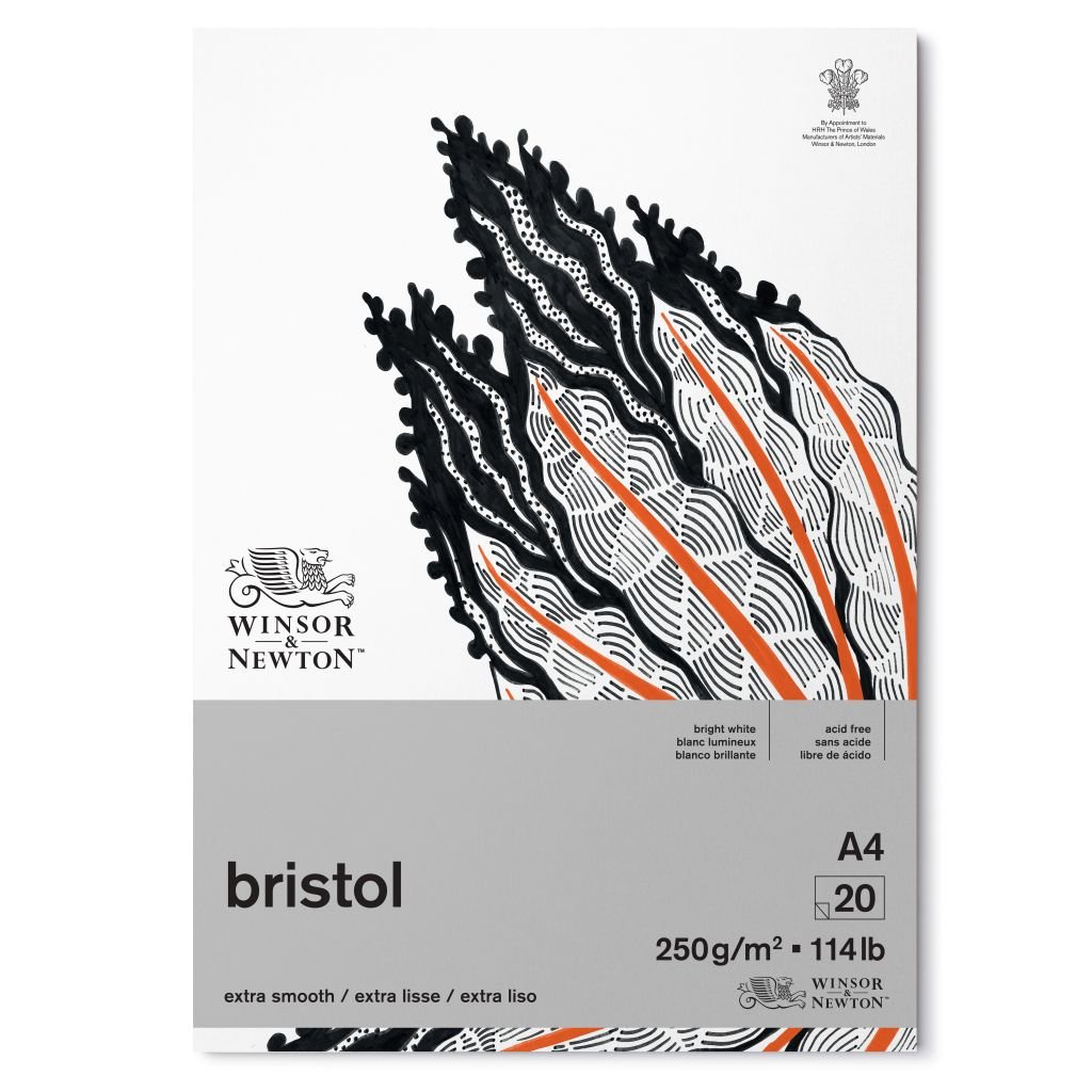 Winsor & Newton Bristol Board - Extra Smooth 250 GSM - A4 (29.7 cm x 42 cm or 11.7'' x 16.5'') Bright White Short Side Glued Pad of 20 Sheets