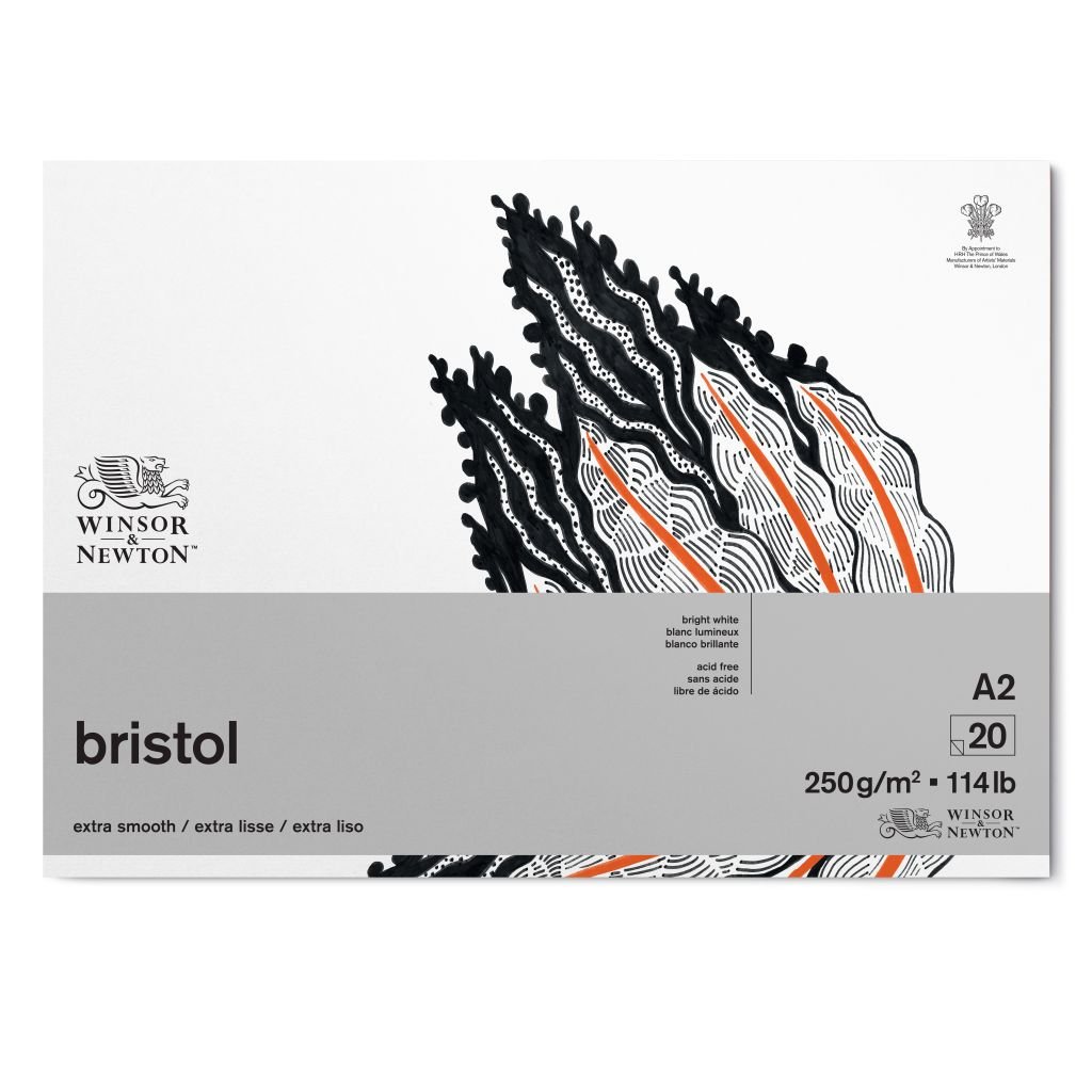 Winsor & Newton Bristol Board - Extra Smooth 250 GSM - A2 (42 cm x 59.4 cm or 16.5'' x 23.4'') Bright White Short Side Glued Pad of 20 Sheets