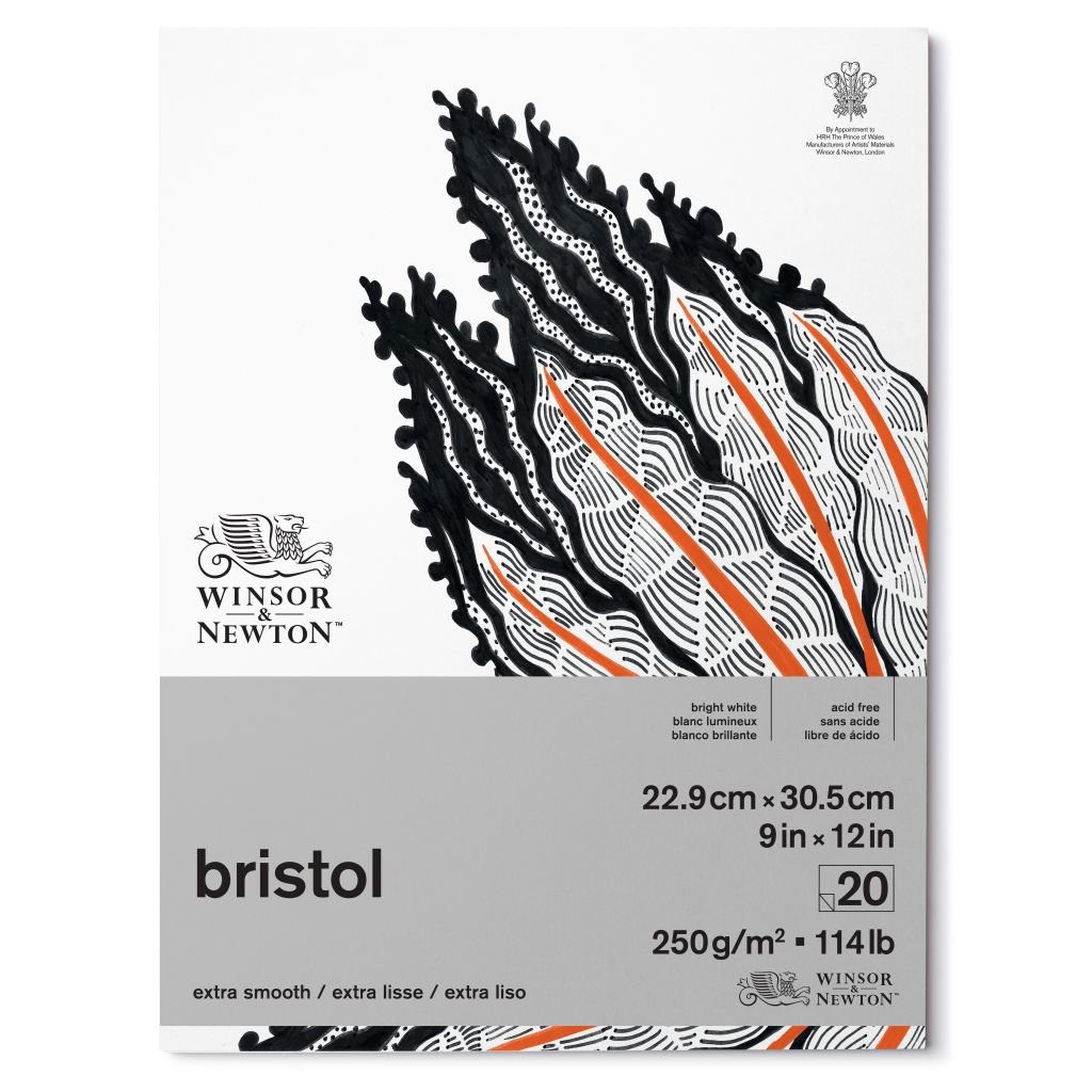 Winsor & Newton Bristol Board - Extra Smooth 250 GSM - 22.9 cm x 30.5 cm or 9'' x 12'' Bright White Short Side Glued Pad of 20 Sheets