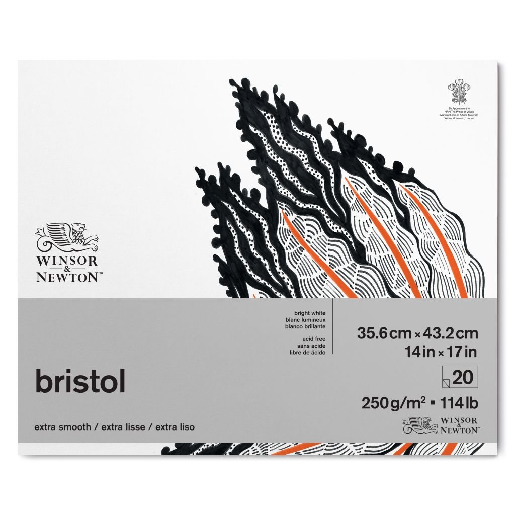 Winsor & Newton Bristol Board - Extra Smooth 250 GSM - 35.6 cm x 43.2 cm or 14'' x 17'' Bright White Short Side Glued Pad of 20 Sheets