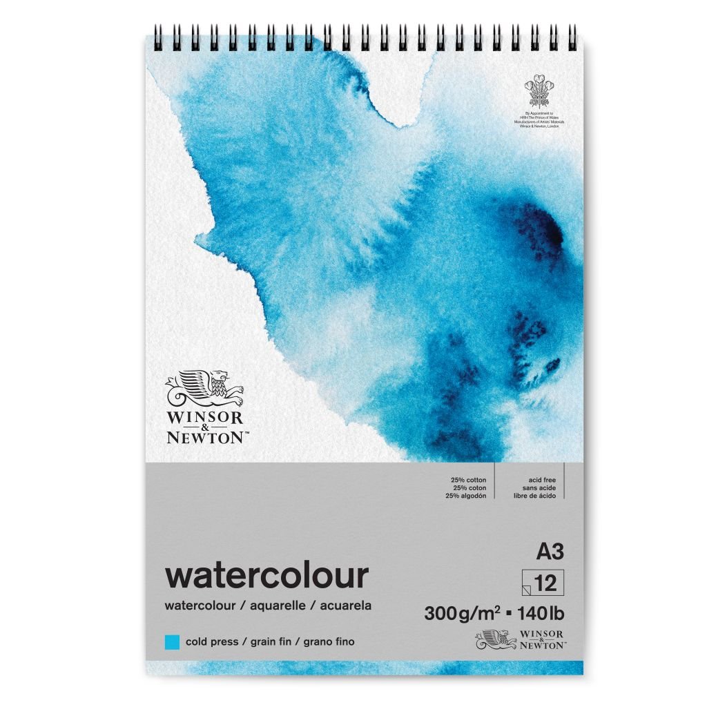 Winsor & Newton Watercolour Paper - Cold Press 300 GSM - A3 (21 cm x 29.7 cm or 8.3'' x 11.7'') Natural White Short Side Spiral Album of 12 Sheets