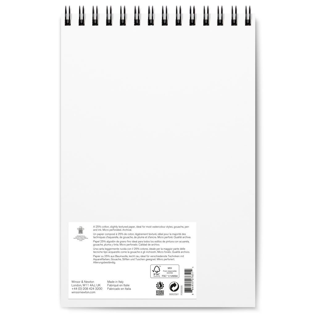 Winsor & Newton Watercolour Paper - Cold Press 300 GSM - 17.8 cm x 25.4 cm or 7'' x 10'' Natural White Short Side Spiral Album of 12 Sheets