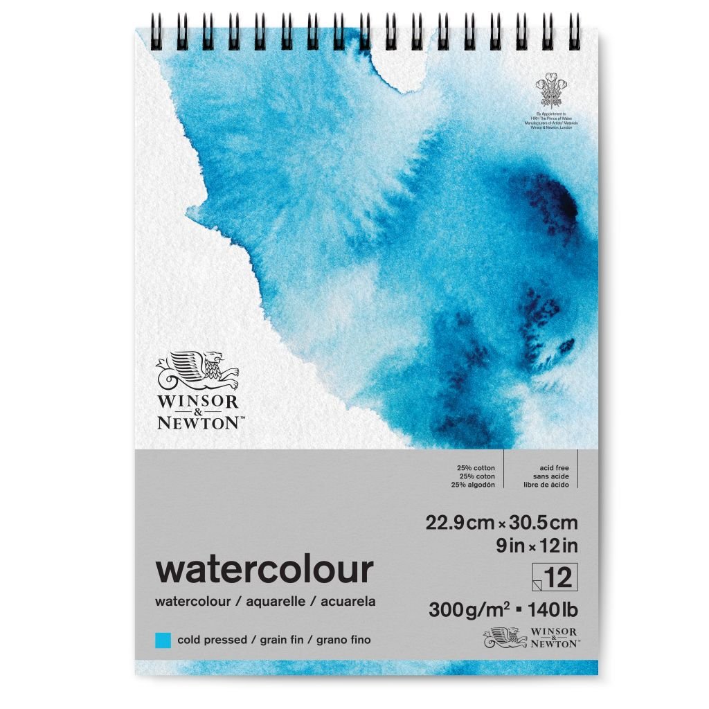 Winsor & Newton Watercolour Paper - Cold Press 300 GSM - 22.9 cm x 30.5 cm or 9'' x 12'' Natural White Short Side Spiral Album of 12 Sheets