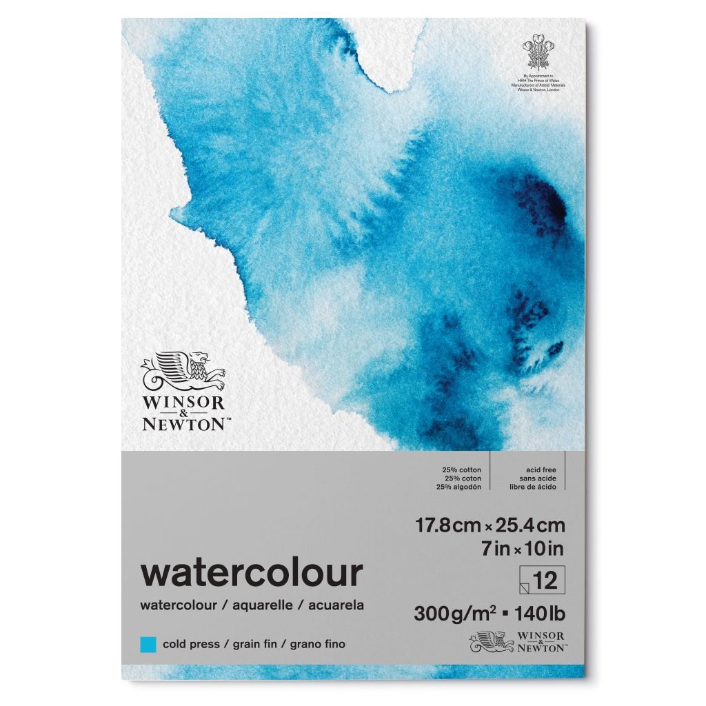 Winsor & Newton Watercolour Paper - Cold Press 300 GSM - 17.8 cm x 25.4 cm or 7'' x 10'' Natural White Short Side Glued Pad of 12 Sheets
