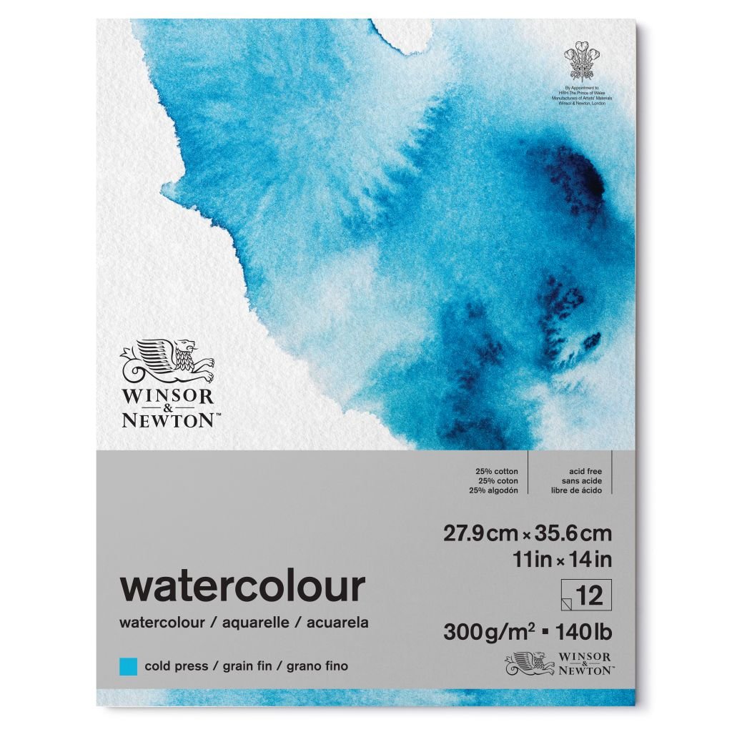 Winsor & Newton Watercolour Paper - Cold Press 300 GSM - 27.9 cm x 35.6 cm or 11'' x 14'' Natural White Short Side Glued Pad of 12 Sheets