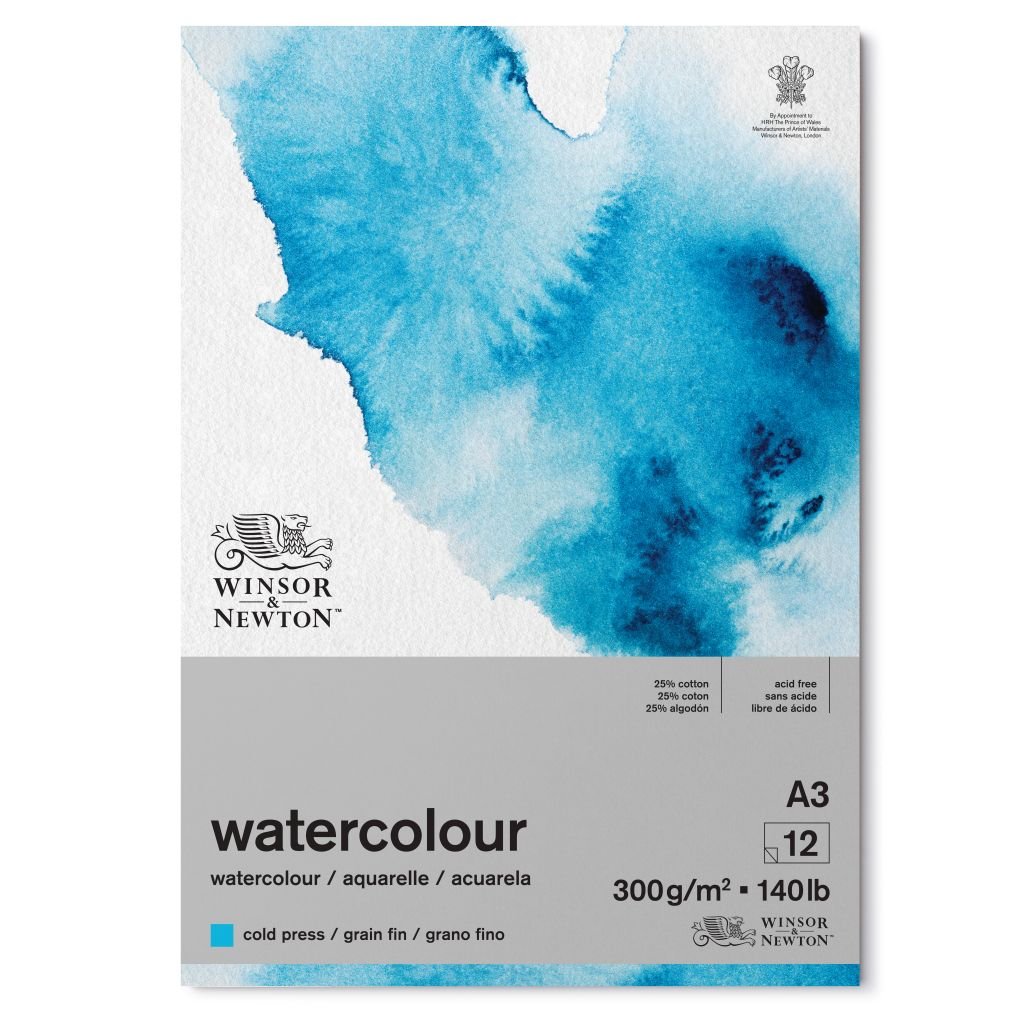 Winsor & Newton Watercolour Paper - Cold Press 300 GSM - A3 (21 cm x 29.7 cm or 8.3'' x 11.7'') Natural White Short Side Glued Pad of 12 Sheets
