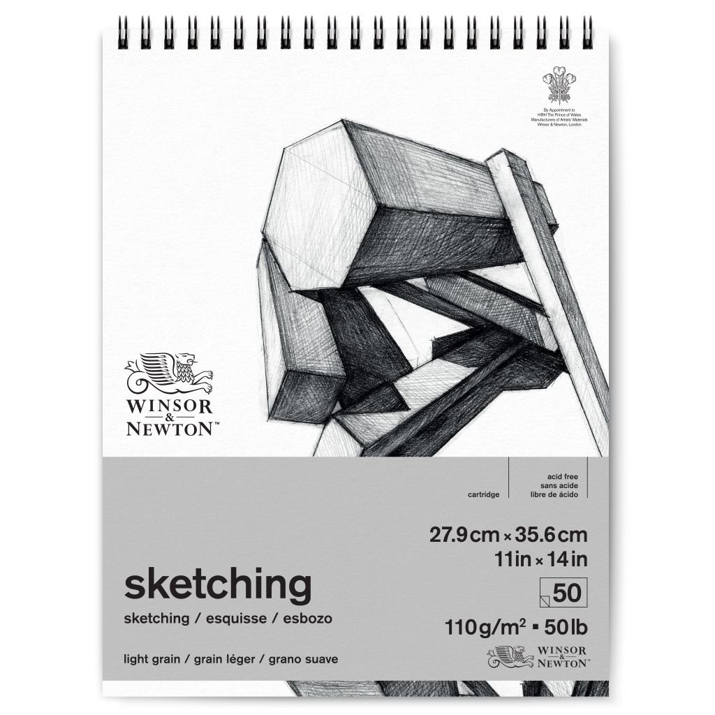 Winsor & Newton Sketching Paper - Light Grain 110 GSM - 27.9 cm x 35.6 cm or 11'' x 14'' Extra White Short Side Spiral Album of 50 Sheets