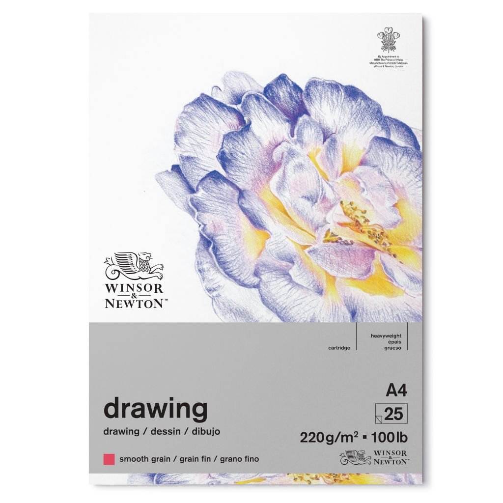 Winsor & Newton Drawing Paper - Smooth Grain 220 GSM - A4 (29.7 cm x 42 cm or 11.7'' x 16.5'') Natural White Short Side Glued Pad of 25 Sheets