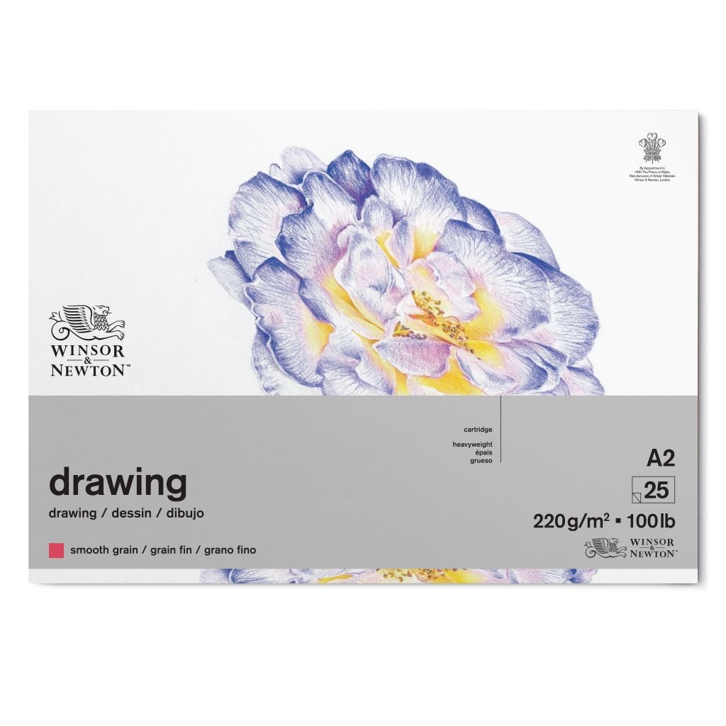 Winsor & Newton Drawing Paper - Smooth Grain 220 GSM - A2 (42 cm x 59.4 cm or 16.5'' x 23.4'') Natural White Short Side Glued Pad of 25 Sheets