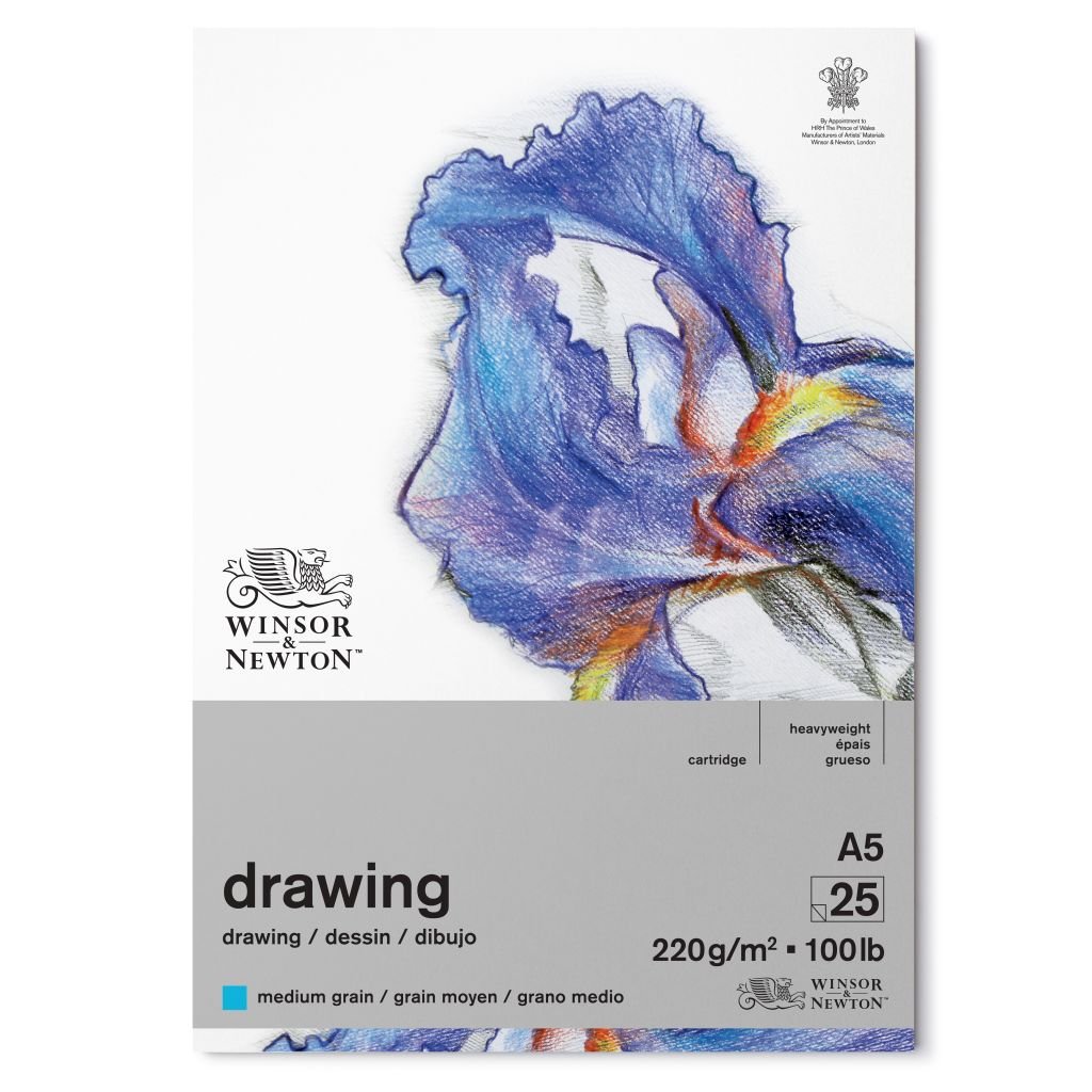 Winsor & Newton Drawing Paper - Medium Grain 220 GSM - A5 (14.8 cm x 21 cm or 5.8'' x 8.3'') Natural White Short Side Glued Pad of 25 Sheets