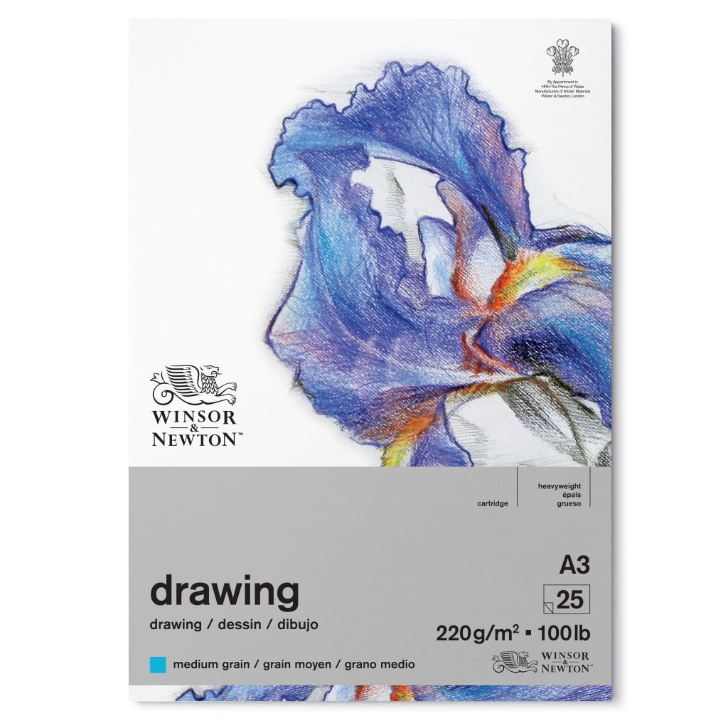 Winsor & Newton Drawing Paper - Medium Grain 220 GSM - A3 (21 cm x 29.7 cm or 8.3'' x 11.7'') Natural White Short Side Glued Pad of 25 Sheets