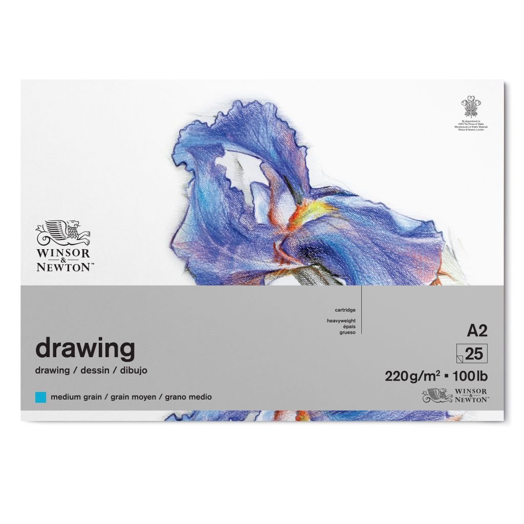 Winsor & Newton Drawing Paper - Medium Grain 220 GSM - A2 (42 cm x 59.4 cm or 16.5'' x 23.4'') Natural White Short Side Glued Pad of 25 Sheets