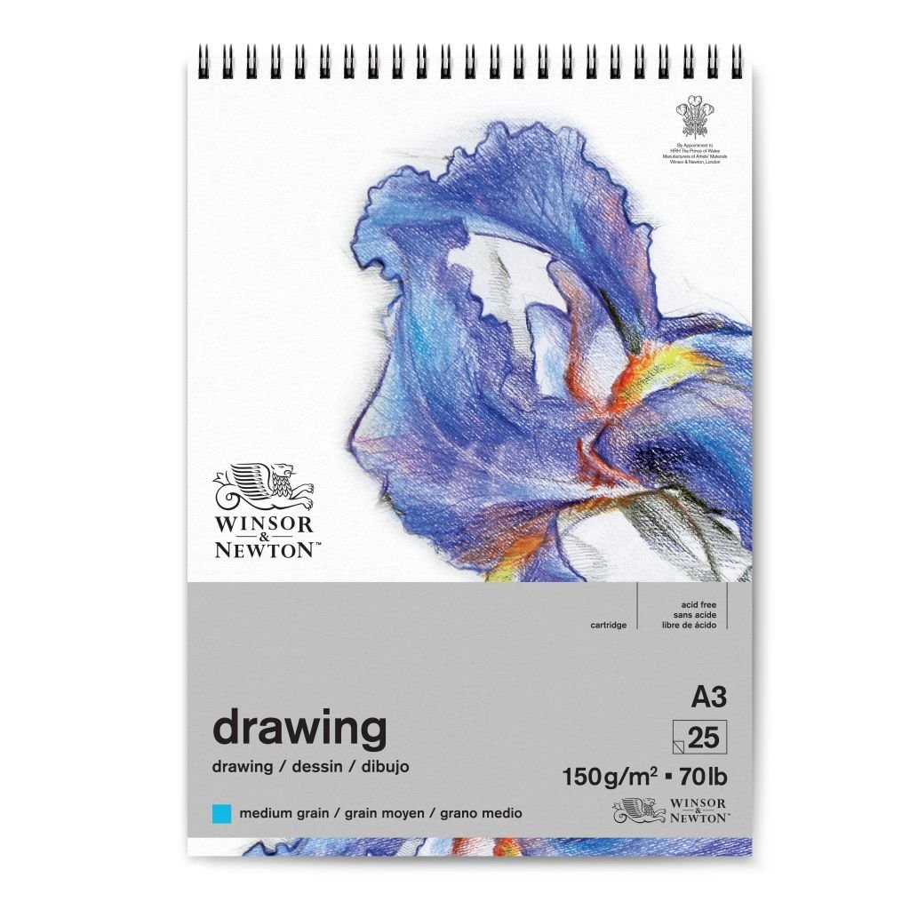 Winsor & Newton Drawing Paper - Medium Grain 150 GSM - A3 (21 cm x 29.7 cm or 8.3'' x 11.7'') Natural White Short Side Spiral Album of 25 Sheets