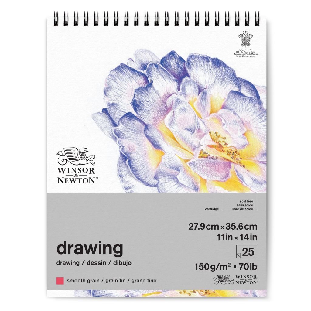 Winsor & Newton Drawing Paper - Smooth Grain 150 GSM - 27.9 cm x 35.6 cm or 11'' x 14'' Natural White Short Side Spiral Album of 25 Sheets