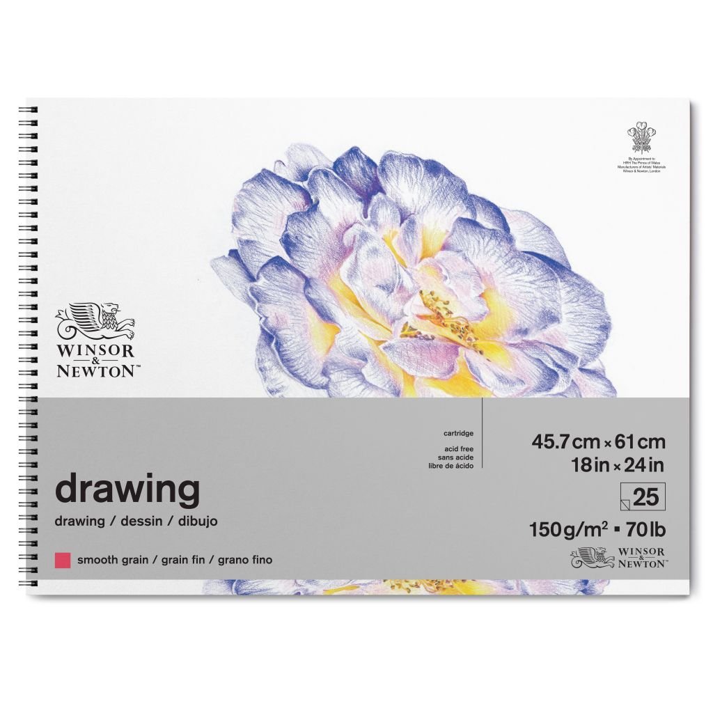 Winsor & Newton Drawing Paper - Smooth Grain 150 GSM - 45.7 cm x 61 cm or 18'' x 24'' Natural White Short Side Spiral Album of 25 Sheets