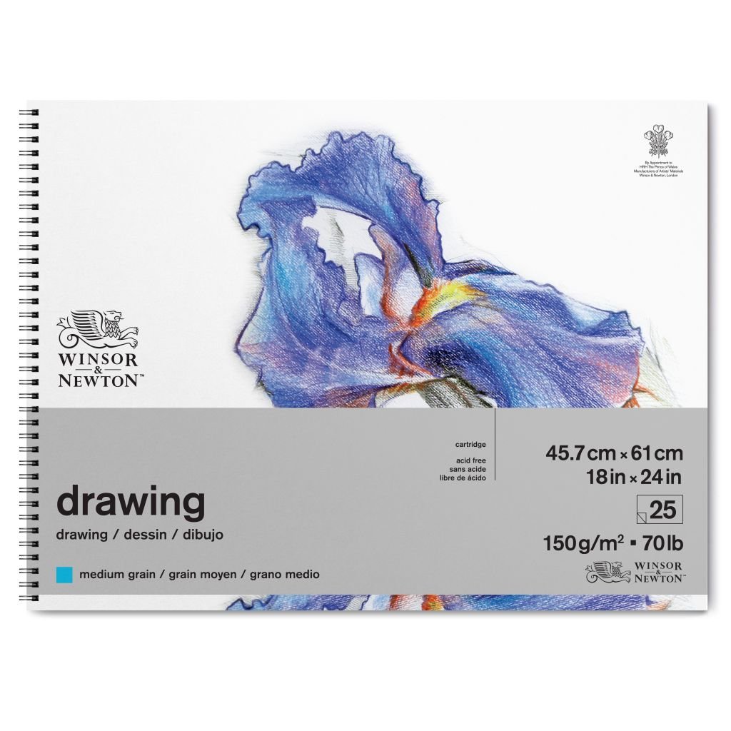 Winsor & Newton Drawing Paper - Medium Grain 150 GSM - 45.7 cm x 61 cm or 18'' x 24'' Natural White Short Side Spiral Album of 25 Sheets