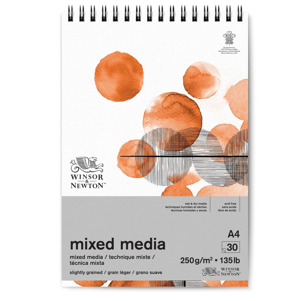 Winsor & Newton Mixed Media Paper - Fine Grain 250 GSM - A4 (29.7 cm x 42 cm or 11.7 in x 16.5 in) Natural White Short Side Spiral Album of 30 Sheets