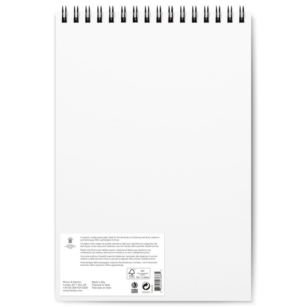 Winsor & Newton Mixed Media Paper - Fine Grain 250 GSM - A4 (29.7 cm x 42 cm or 11.7 in x 16.5 in) Natural White Short Side Spiral Album of 30 Sheets